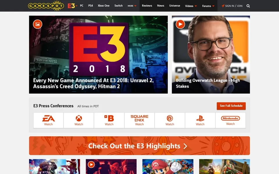 gamespot.com homepage in 2018