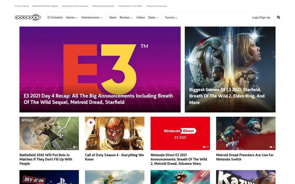 gamespot.com homepage in 2021
