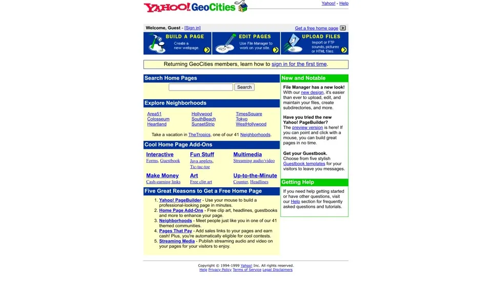 geocities.com homepage in 1999