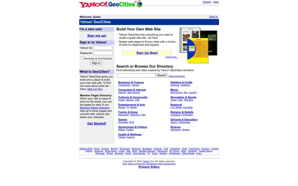 geocities.com homepage in 2001