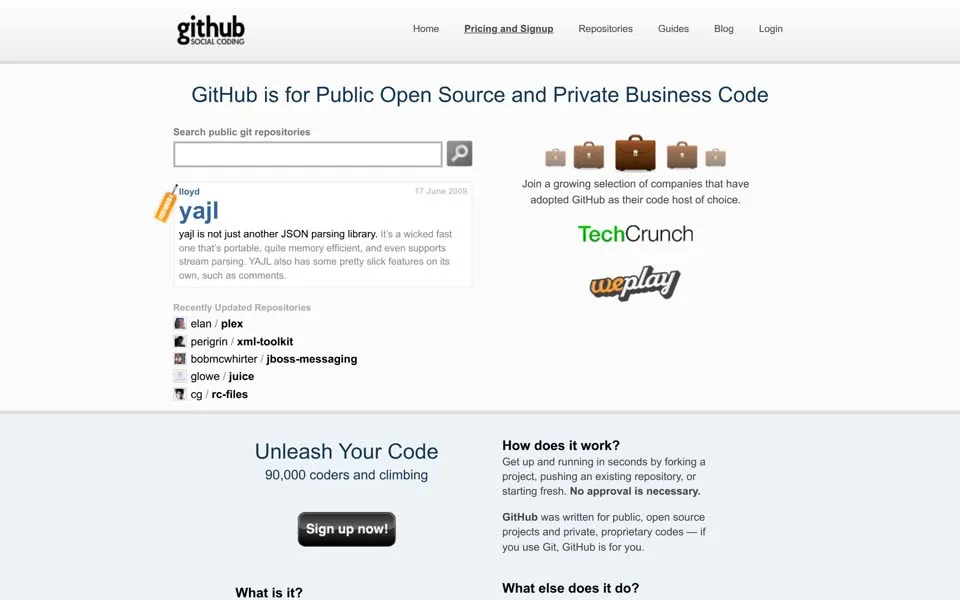 github.com homepage in 2009
