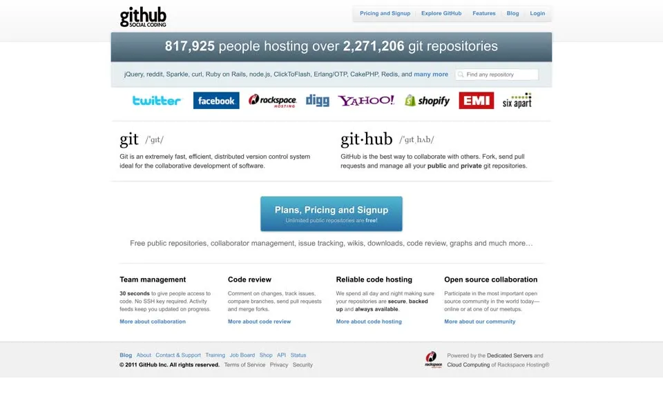 github.com homepage in 2011