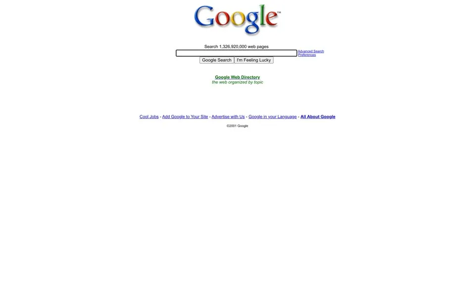 google.com homepage in 2001