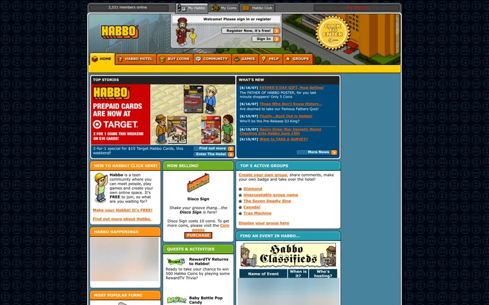 habbo.com homepage in 2007
