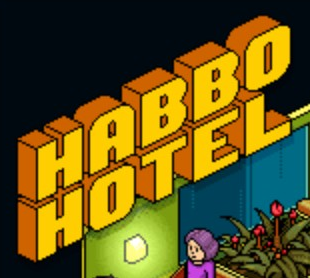 Habbo logo on the 2001 habbo.com homepage: Two tilted rows of yellow letters spell HABBO HOTEL.