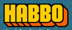 Habbo logo on the 2003 habbo.com homepage: Two tilted rows become one horizontal HABBO wordmark.
