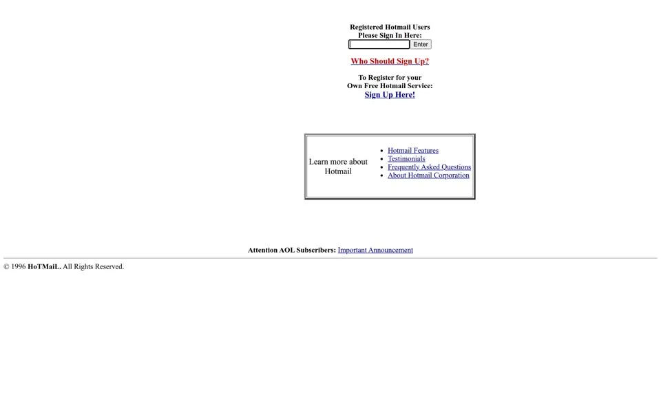 hotmail.com homepage in 1996