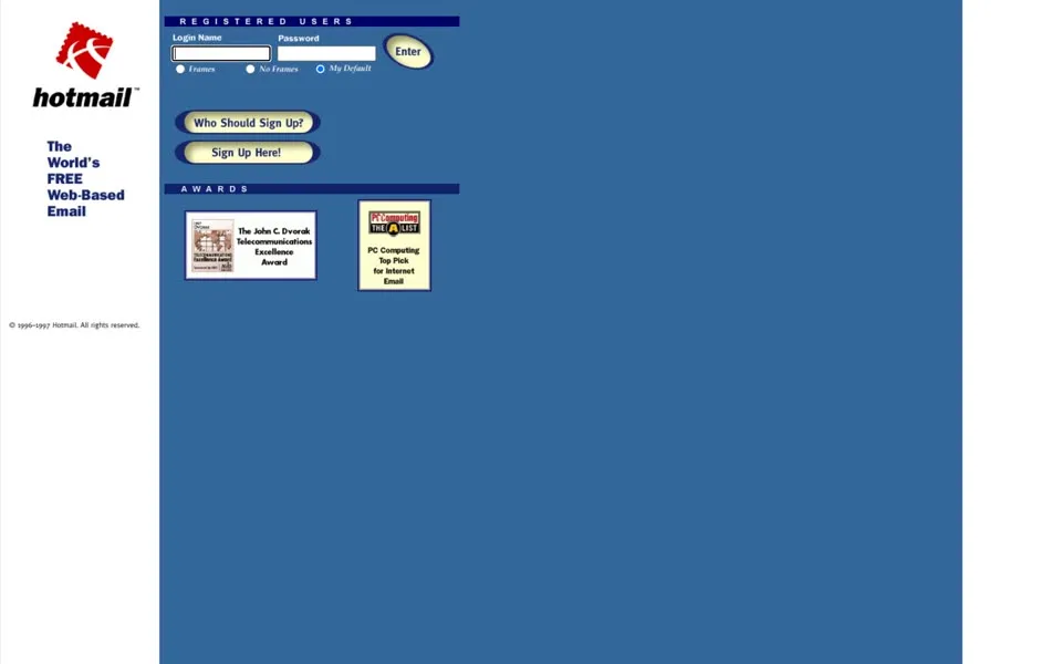 hotmail.com homepage in 1997
