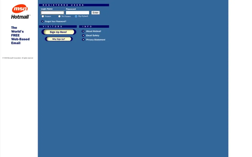 hotmail.com homepage in 1999