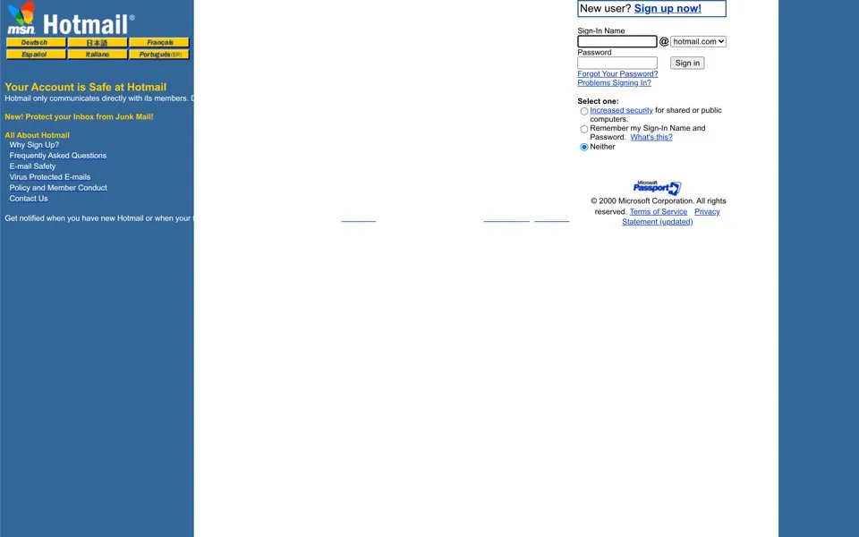hotmail.com homepage in 2000