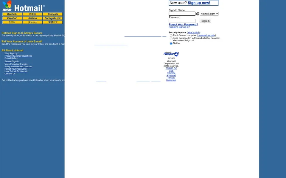 hotmail.com homepage in 2001