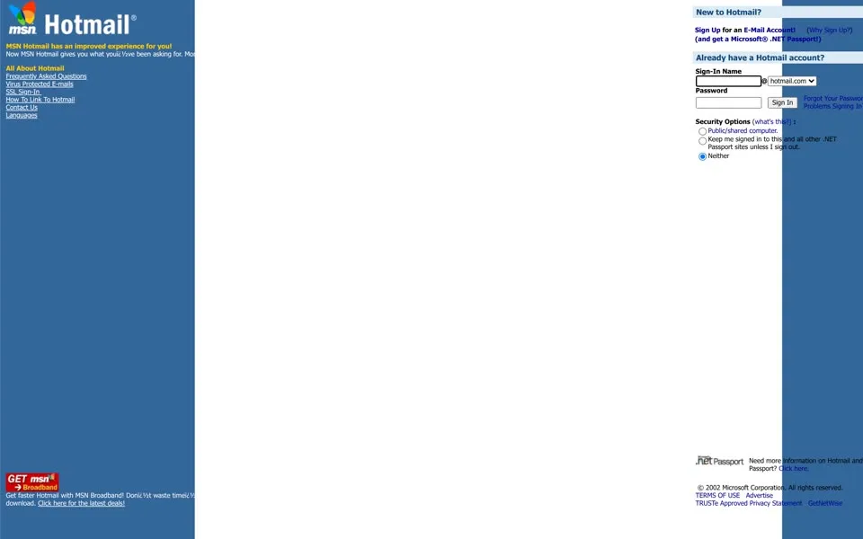 hotmail.com homepage in 2002