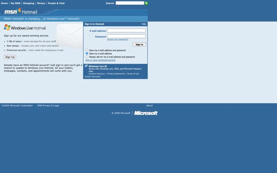 hotmail.com homepage in 2007
