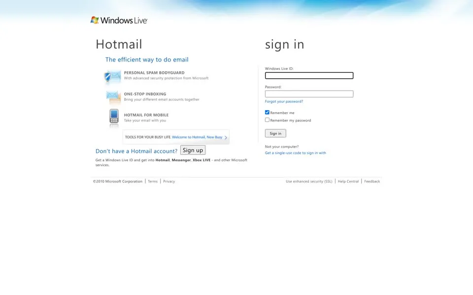 hotmail.com homepage in 2010