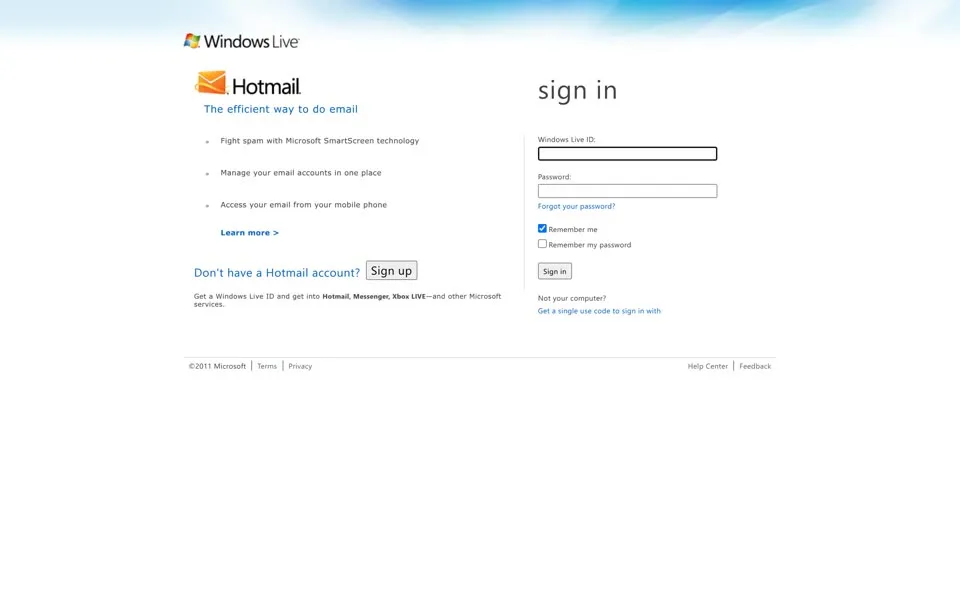 hotmail.com homepage in 2011