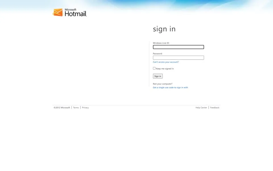 hotmail.com homepage in 2012