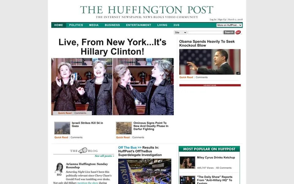 huffpost.com homepage in 2008