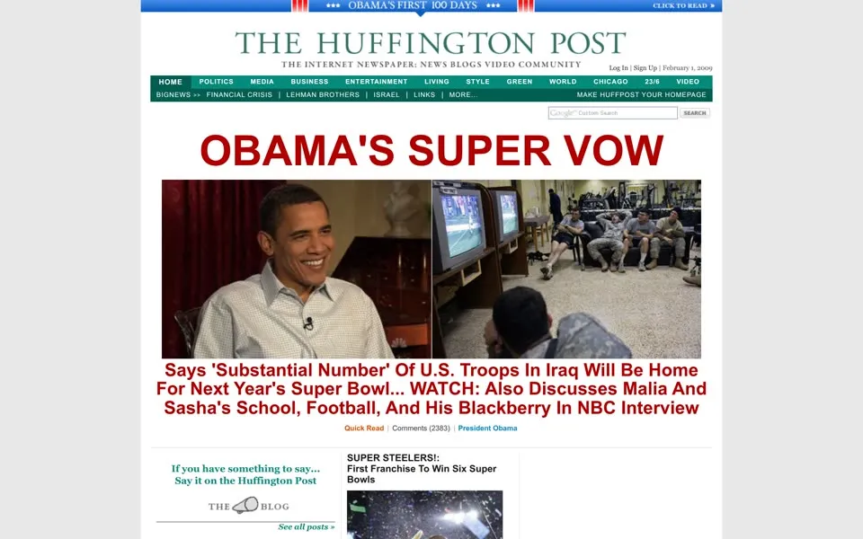 huffpost.com homepage in 2009
