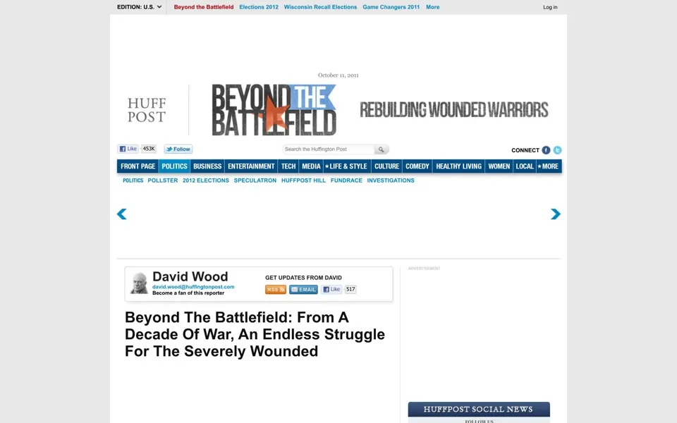 HuffPost’s Beyond The Battlefield article page, October 11, 2011: series banner beside a stacked “HUFF POST”, the two-row section bar, and the headline.