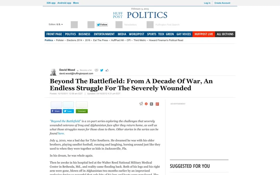 HuffPost’s Beyond The Battlefield article page, February 3, 2015: section masthead “HUFF POST POLITICS”, a blue section bar and the headline in a serif.