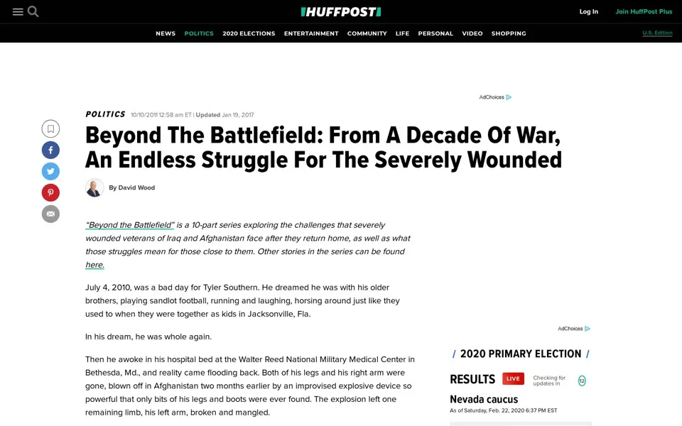 HuffPost’s Beyond The Battlefield article page, February 22, 2020: large sans-serif headline, share buttons on the left, and a “2020 PRIMARY ELECTION” results box.