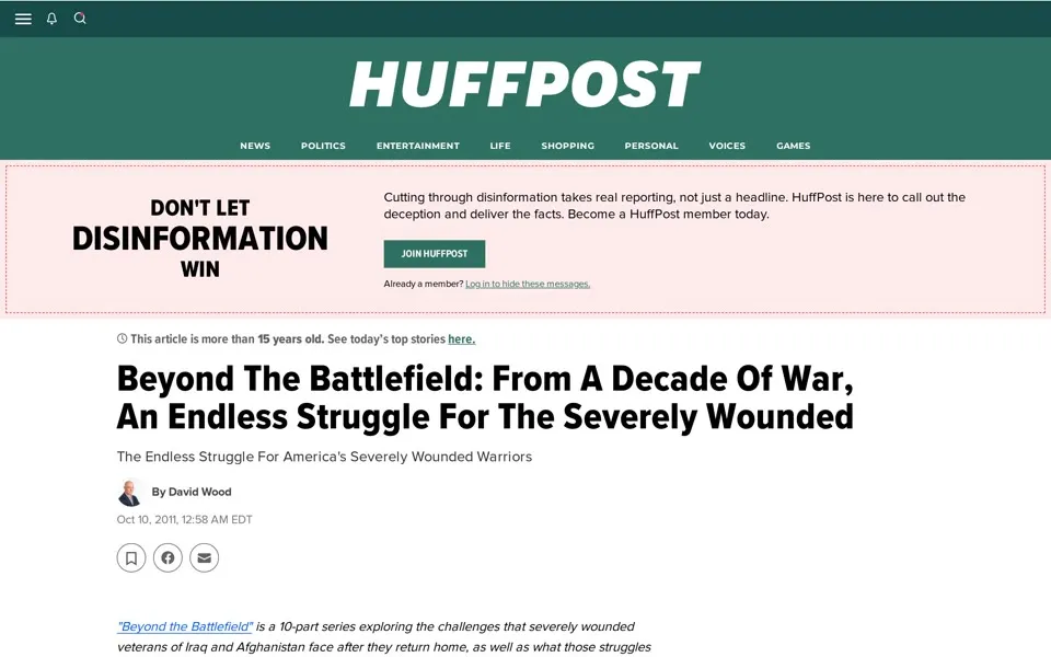 HuffPost’s Beyond The Battlefield article page, August 18, 2026: green HUFFPOST masthead, a membership banner, and the label “This article is more than 15 years old.”