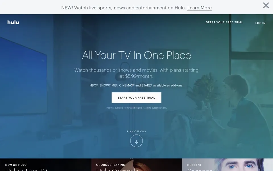 hulu.com homepage in 2019