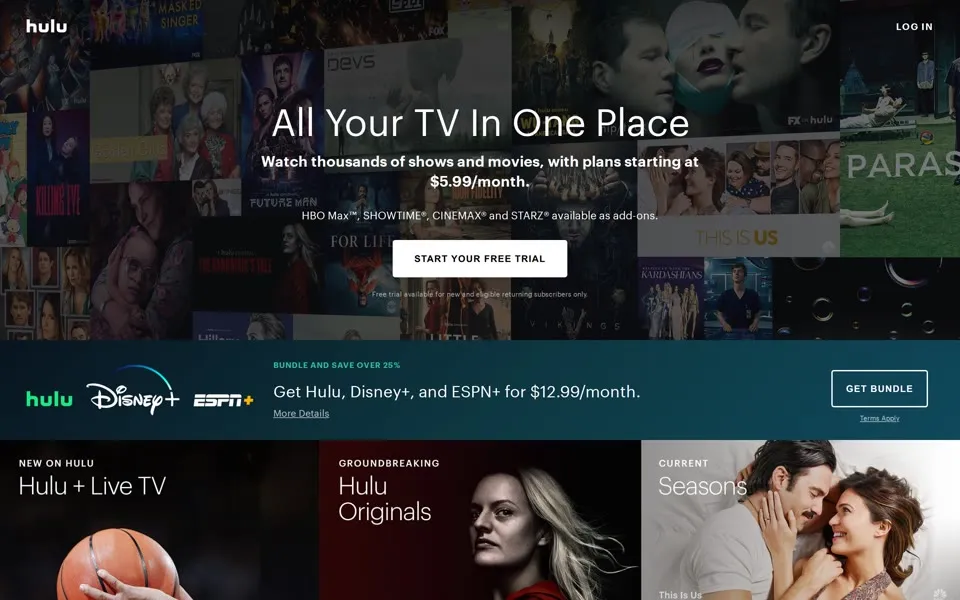 hulu.com homepage in 2020