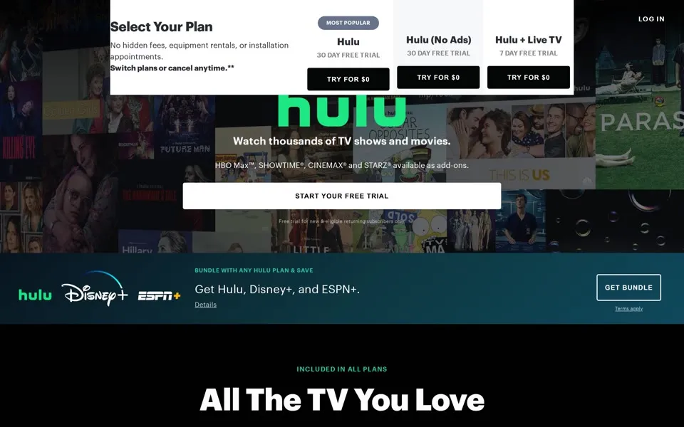 hulu.com homepage in 2021