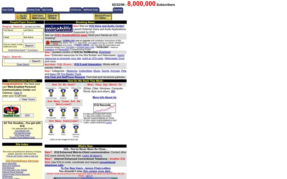 icq.com homepage in 1998
