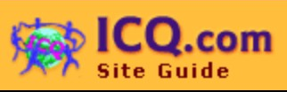 ICQ logo on the 2001 icq.com homepage: Purple ICQ.com lettering adds Site Guide below