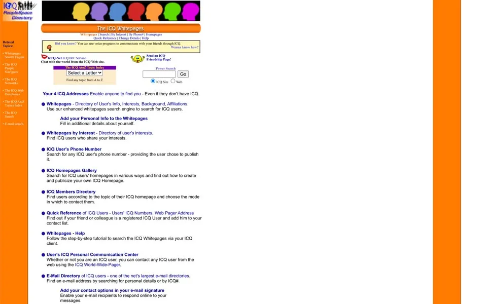 ICQ White Pages, August 27, 1999: “Your 4 ICQ Addresses” and a phone-number search “providing the user chose to publish it”.