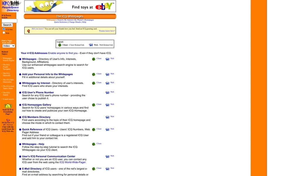 ICQ White Pages, March 1, 2000: the same directory list, with Client and Web icons and an eBay banner on top.