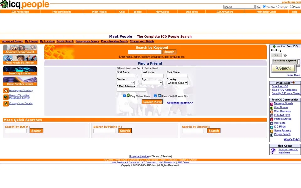 ICQ White Pages, June 19, 2004: “The Complete ICQ People Search”, with “Only Online Users” and “Users With Photos First” ticked.