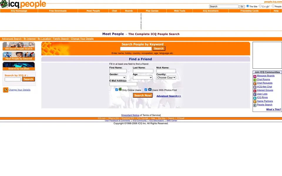ICQ White Pages, January 1, 2006: the same people search form under “Search People by Keyword”.