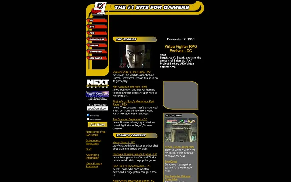 ign.com homepage in 1998