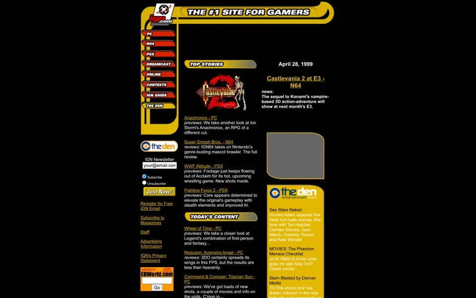 ign.com homepage in 1999