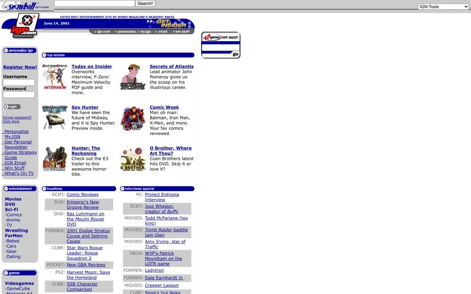 ign.com homepage in 2001