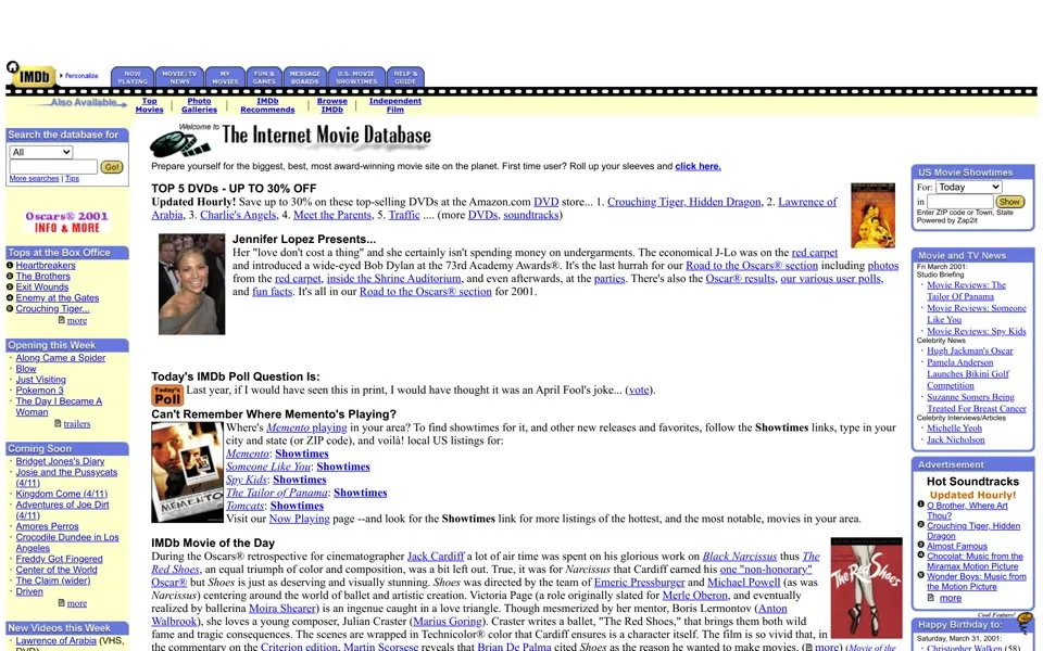 imdb.com homepage in 2001