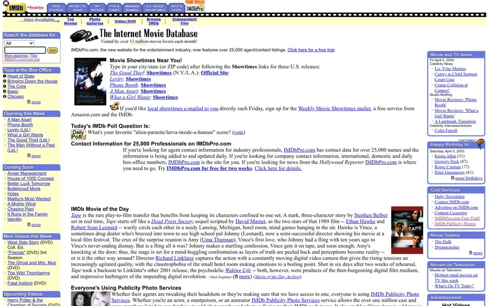 imdb.com homepage in 2003