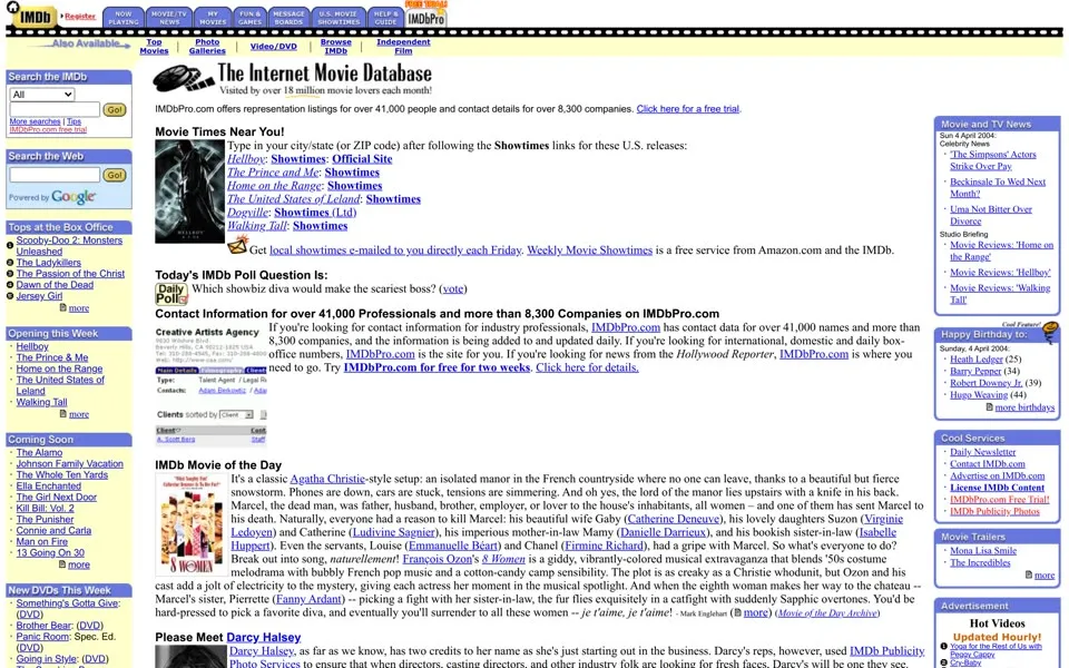 imdb.com homepage in 2004