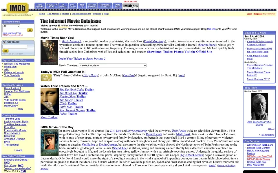 imdb.com homepage in 2006
