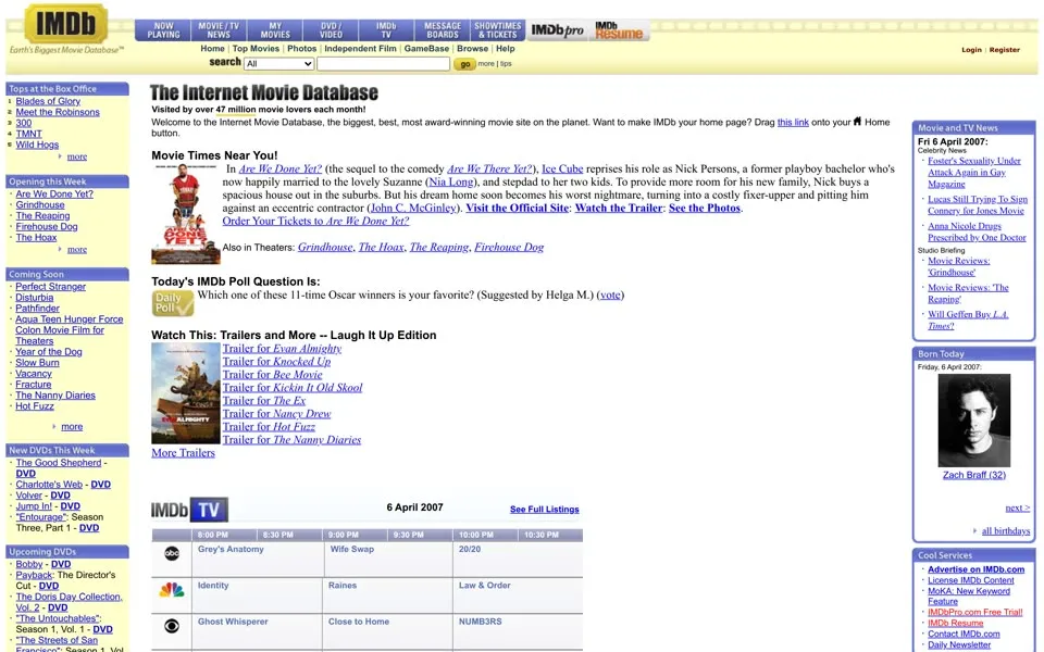 imdb.com homepage in 2007