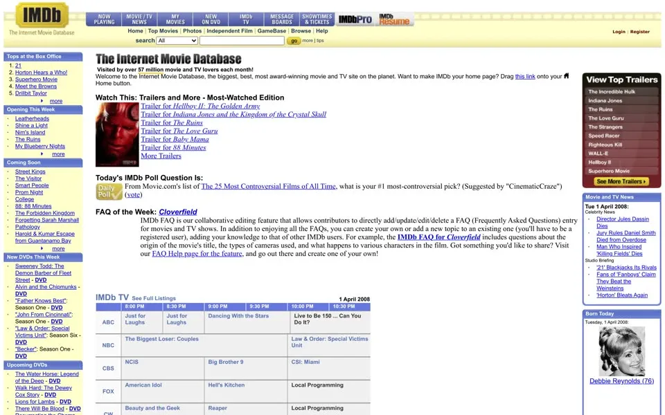 imdb.com homepage in 2008