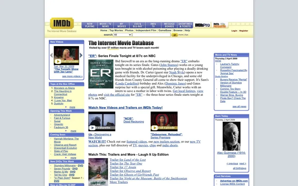 imdb.com homepage in 2009