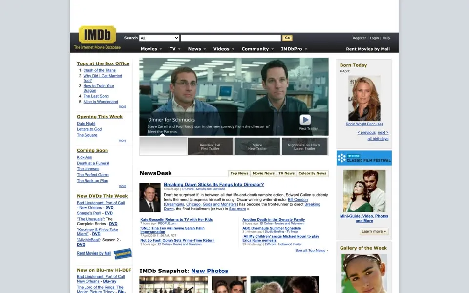 imdb.com homepage in 2010
