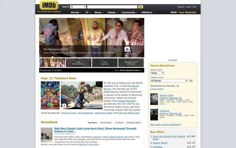 imdb.com homepage in 2011