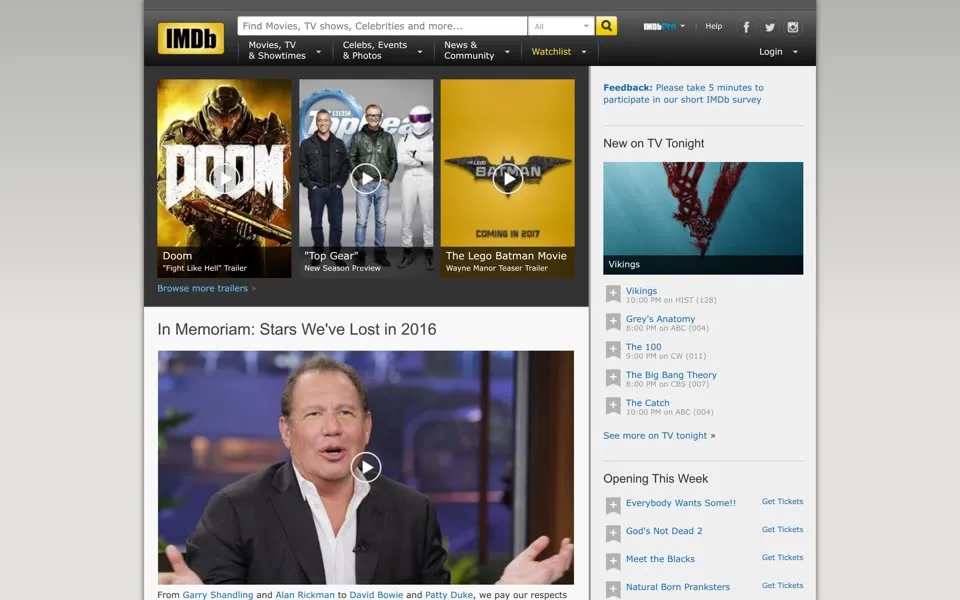 imdb.com homepage in 2016