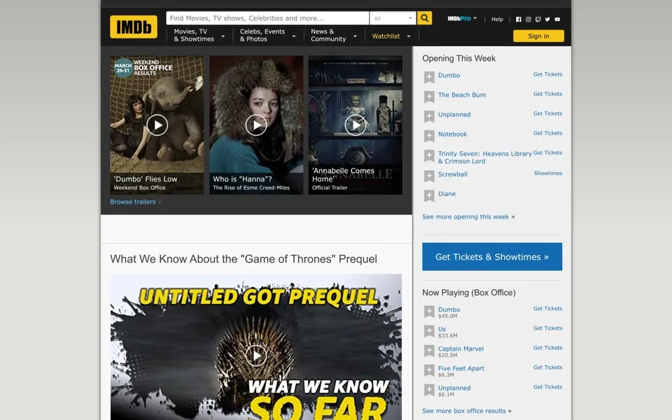 imdb.com homepage in 2019