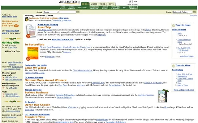Amazon homepage, 1998